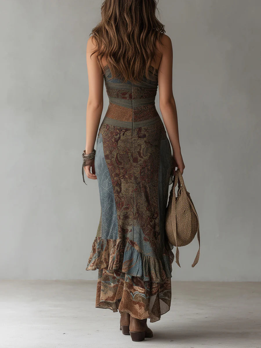 Elena ∙ Asymmetrical one-sleeve mini dress with ethnic print and high slits