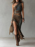 Elena ∙ Asymmetrical one-sleeve mini dress with ethnic print and high slits