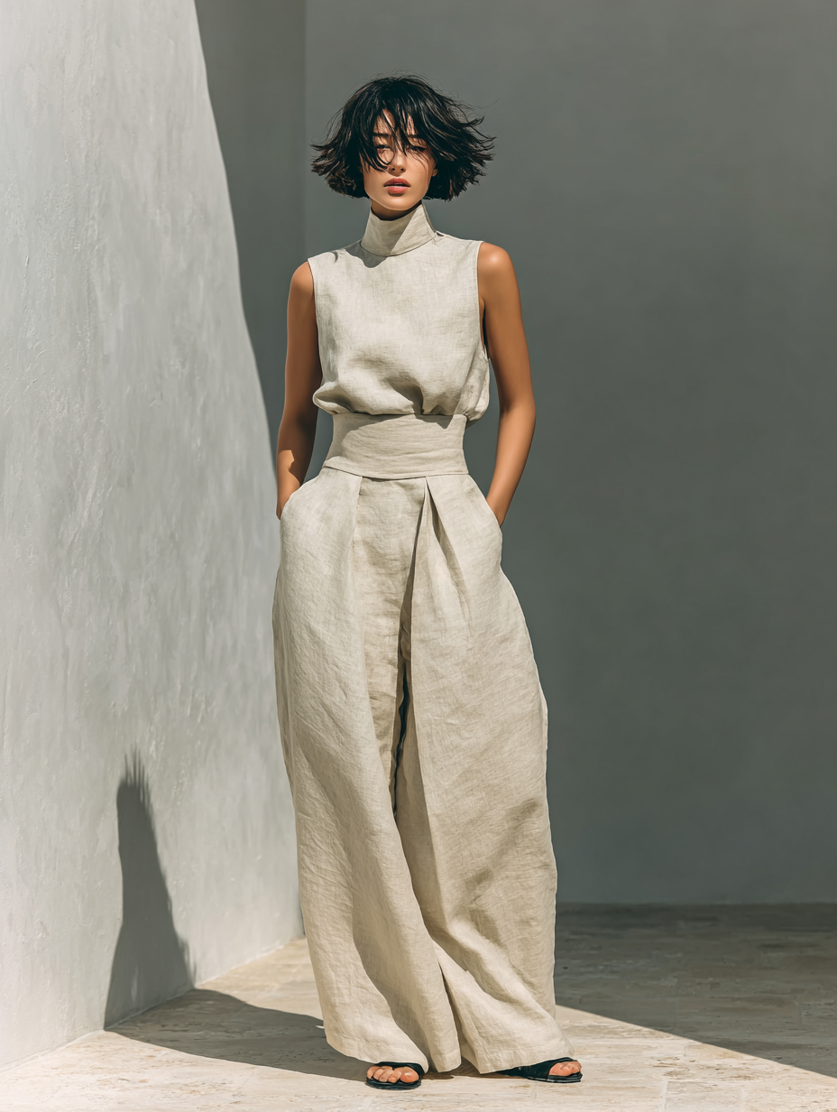 Sleeveless Blouse & Wide-Leg Pants Set Made of Cotton and Linen for Women MDZ0873A5Y