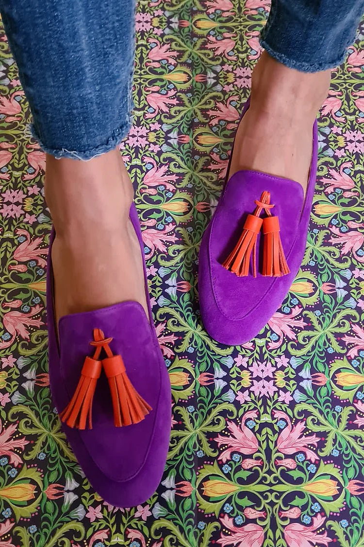 Purple loafer with pompoms