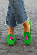 Green loafers with fuchsia tips