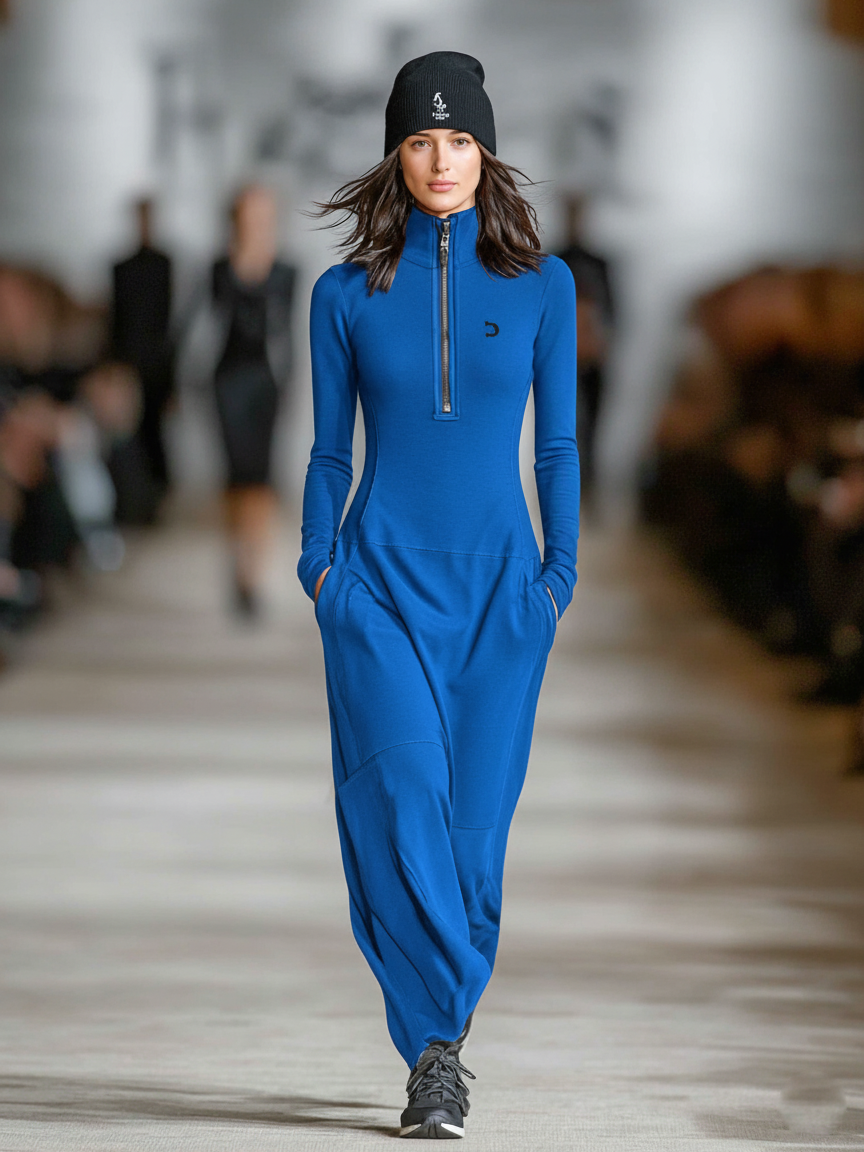 Women's Sport Maxi Dresses with Half-High Collar and Zipper MDA3197G9Y