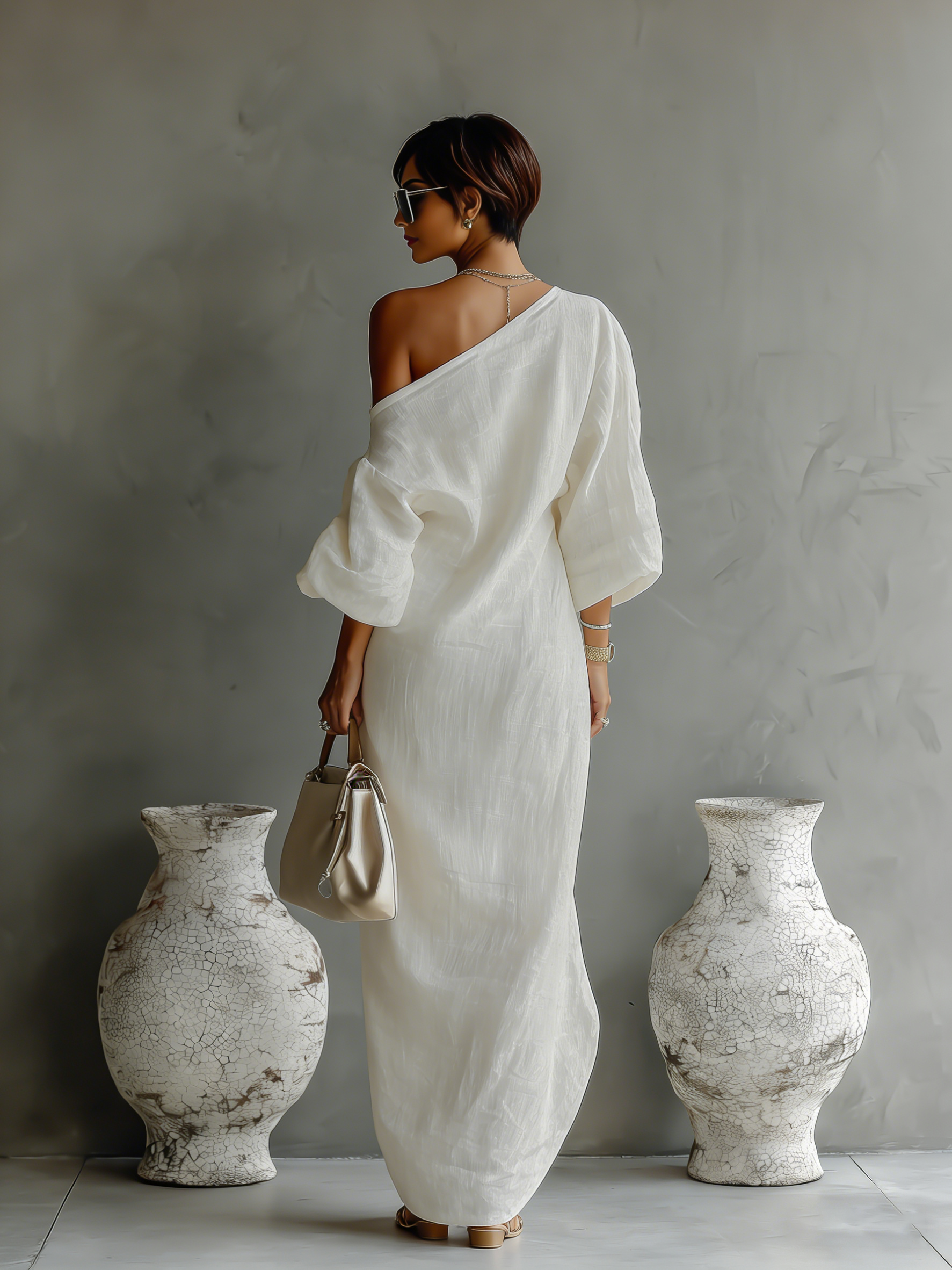 Women's Bright White One-Shoulder Cotton-Linen Blend Dresses