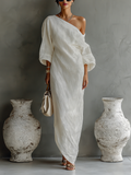 Women's Bright White One-Shoulder Cotton-Linen Blend Dresses
