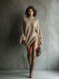 Women's vintage style knitted mini dress in caramel brown