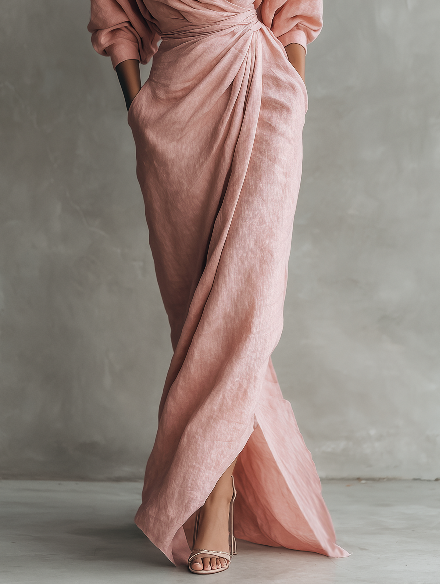 Women's minimalist pink maxi dress with V-neck