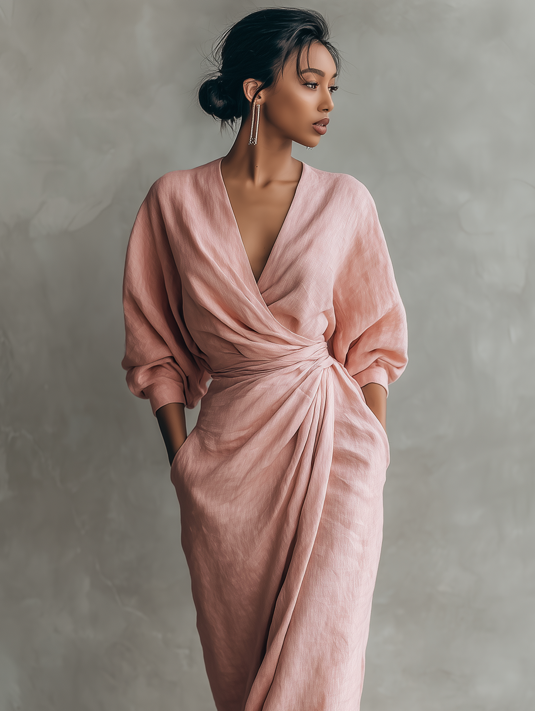 Women's minimalist pink maxi dress with V-neck