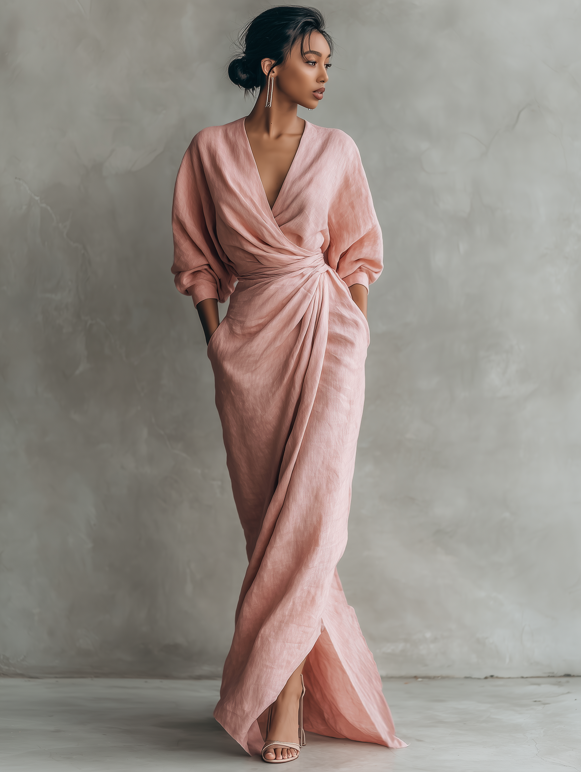 Women's minimalist pink maxi dress with V-neck