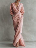 Women's minimalist pink maxi dress with V-neck