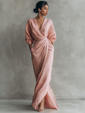 Women's long pink minimalist V-neck linen dress