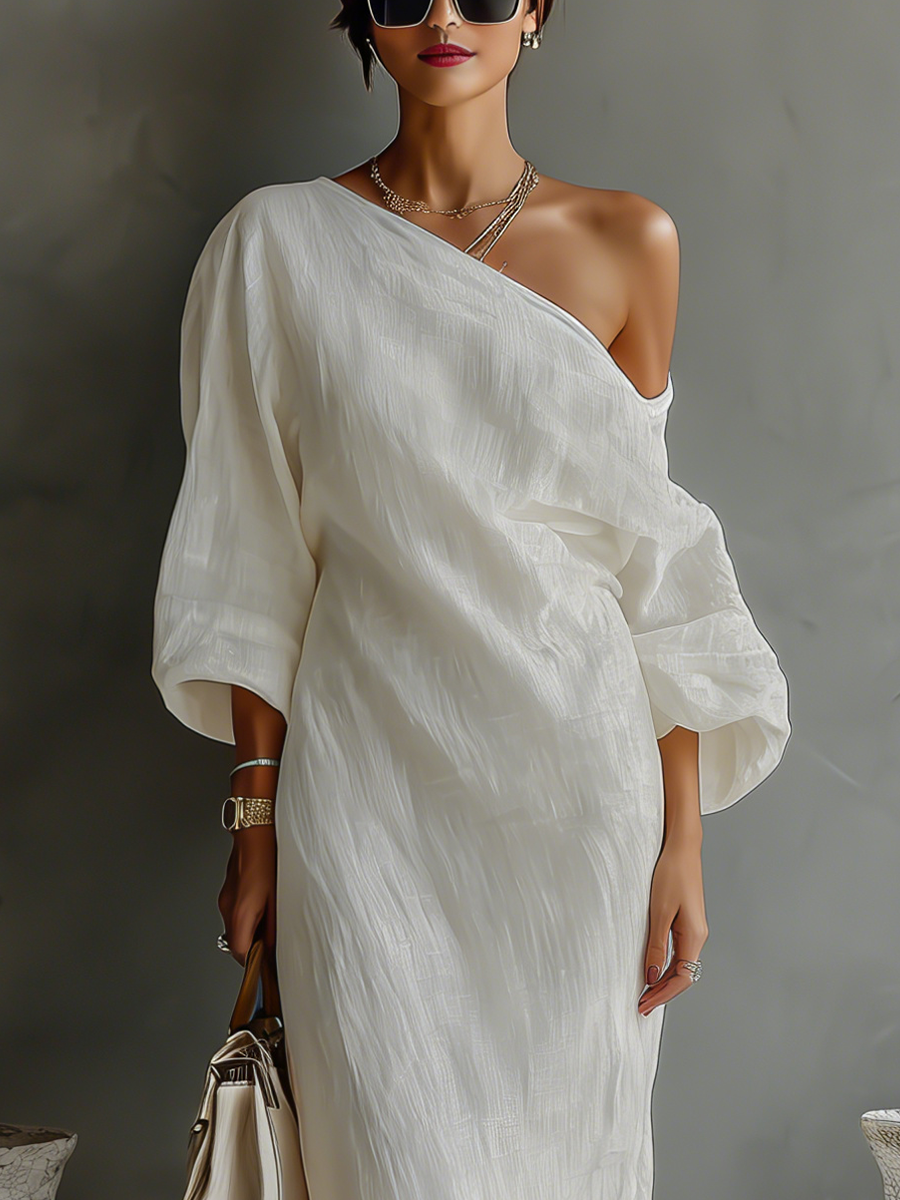 Women's Bright White One-Shoulder Cotton-Linen Blend Dresses