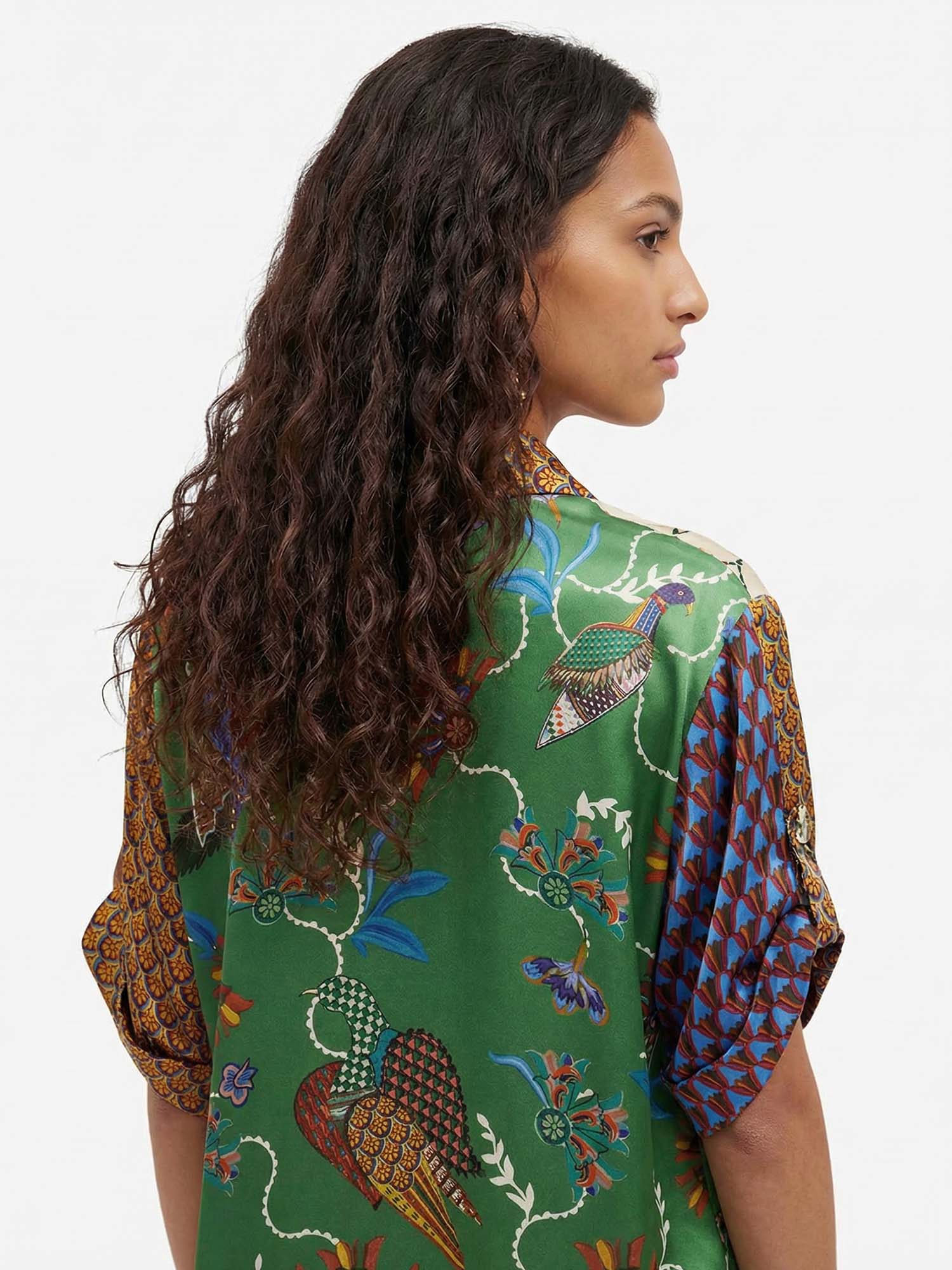 Button-down shirt with contrast bird print