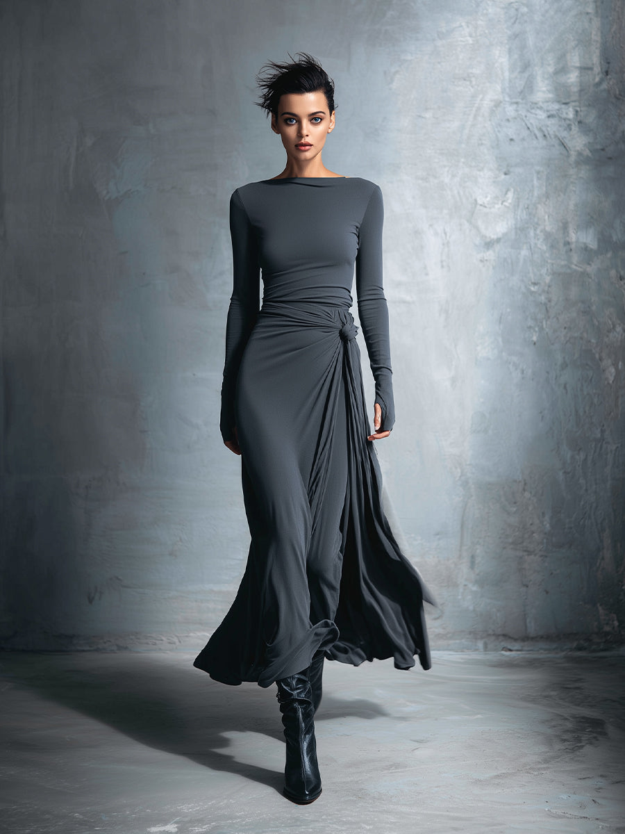 Women's Grey Maxi Dresses - Embellished Wrap Dress