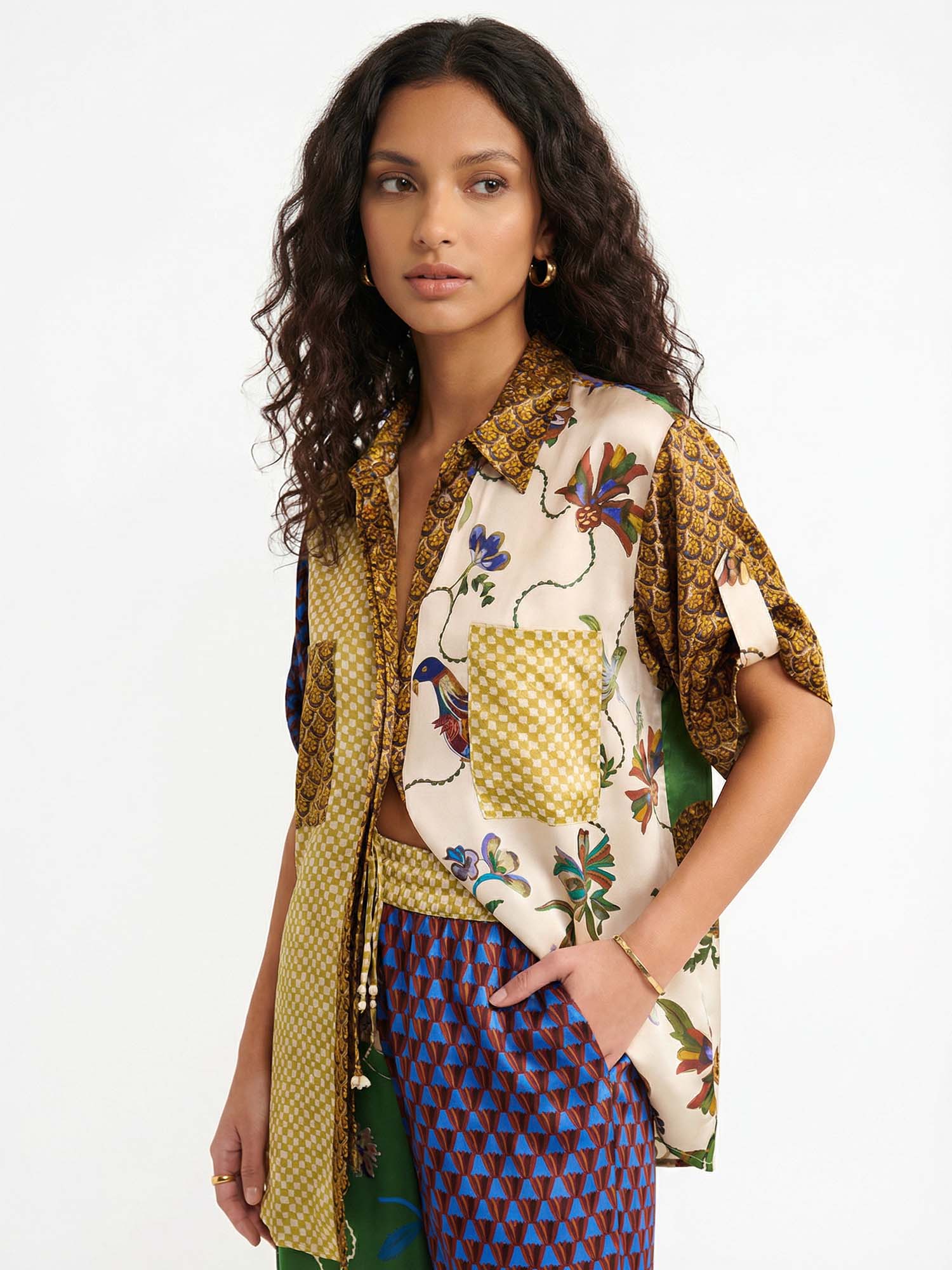 Button-down shirt with contrast bird print