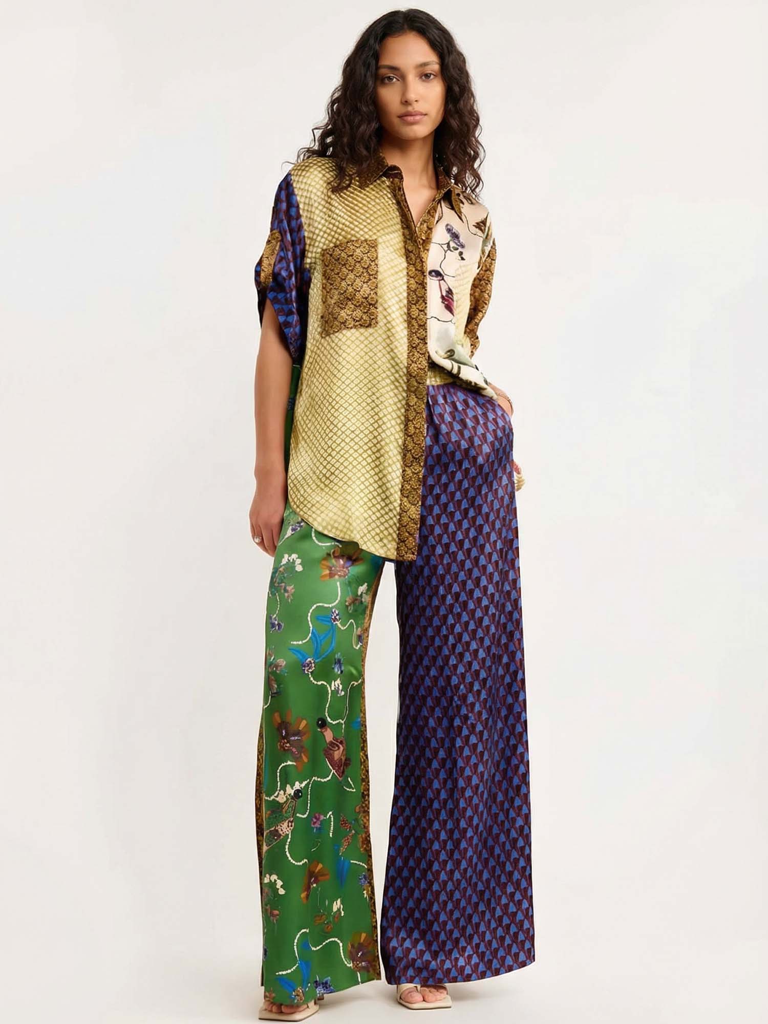 Button-down shirt with contrast bird print