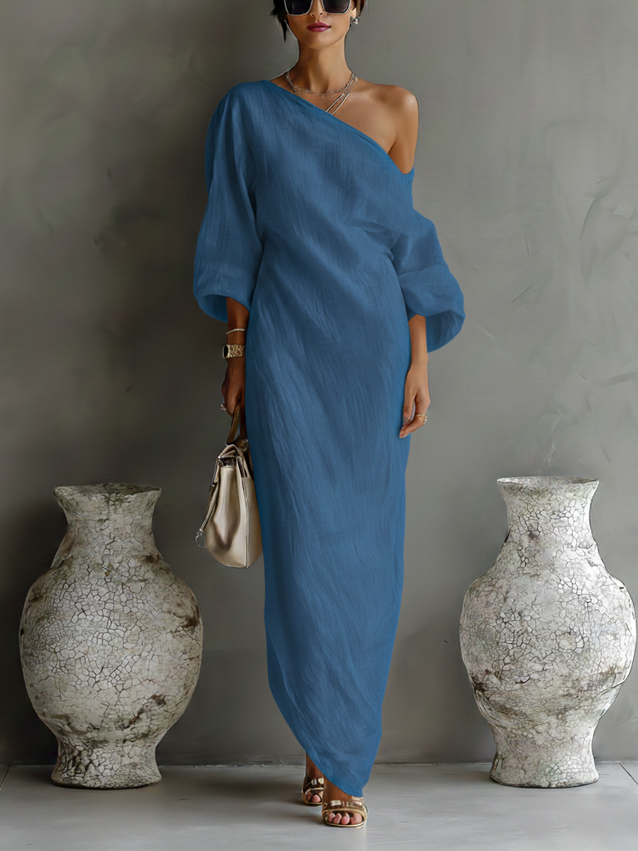 Women's Bright White One-Shoulder Cotton-Linen Blend Dresses