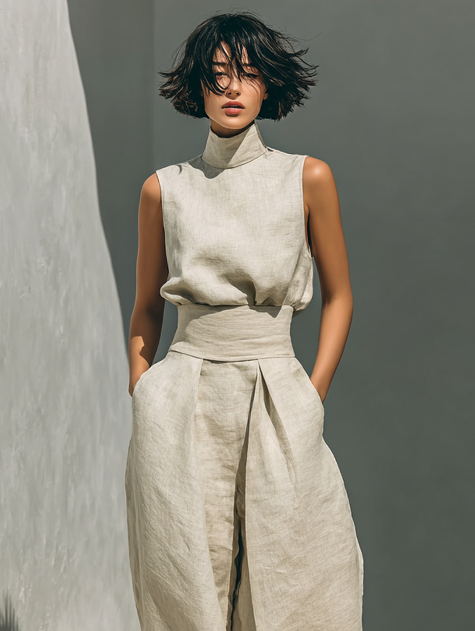 Sleeveless Blouse & Wide-Leg Pants Set Made of Cotton and Linen for Women MDZ0873A5Y
