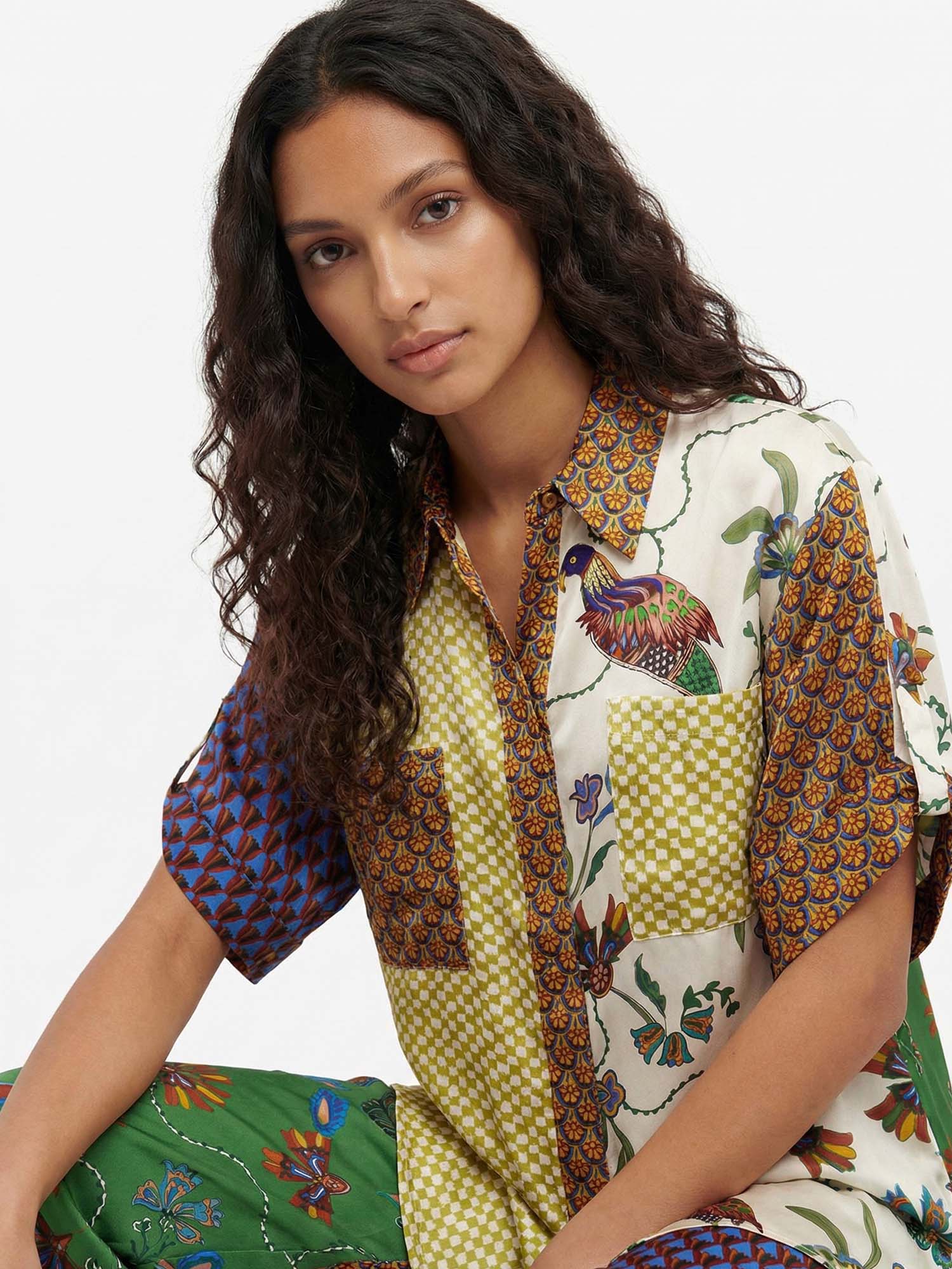 Button-down shirt with contrast bird print