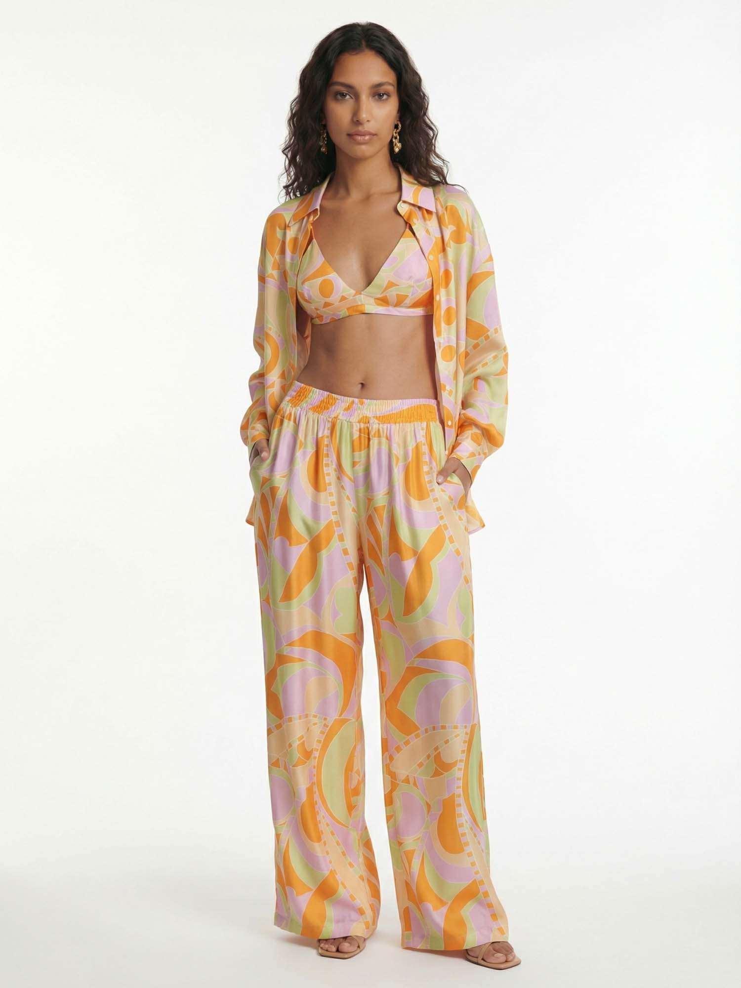 Wide-leg trousers with tropical beach graphic print