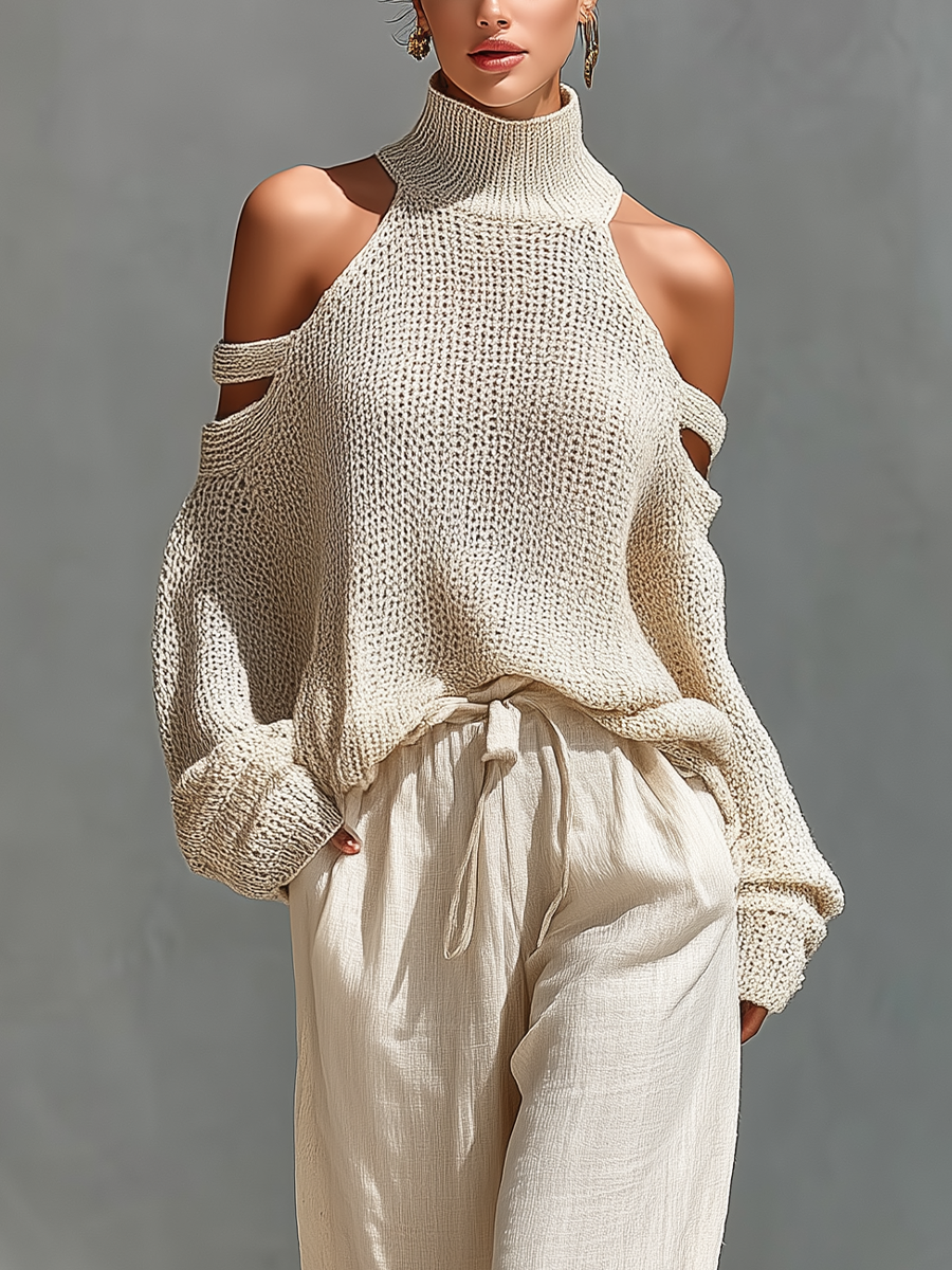 Beige cotton high-neck cold-shoulder top and wide-leg trousers set