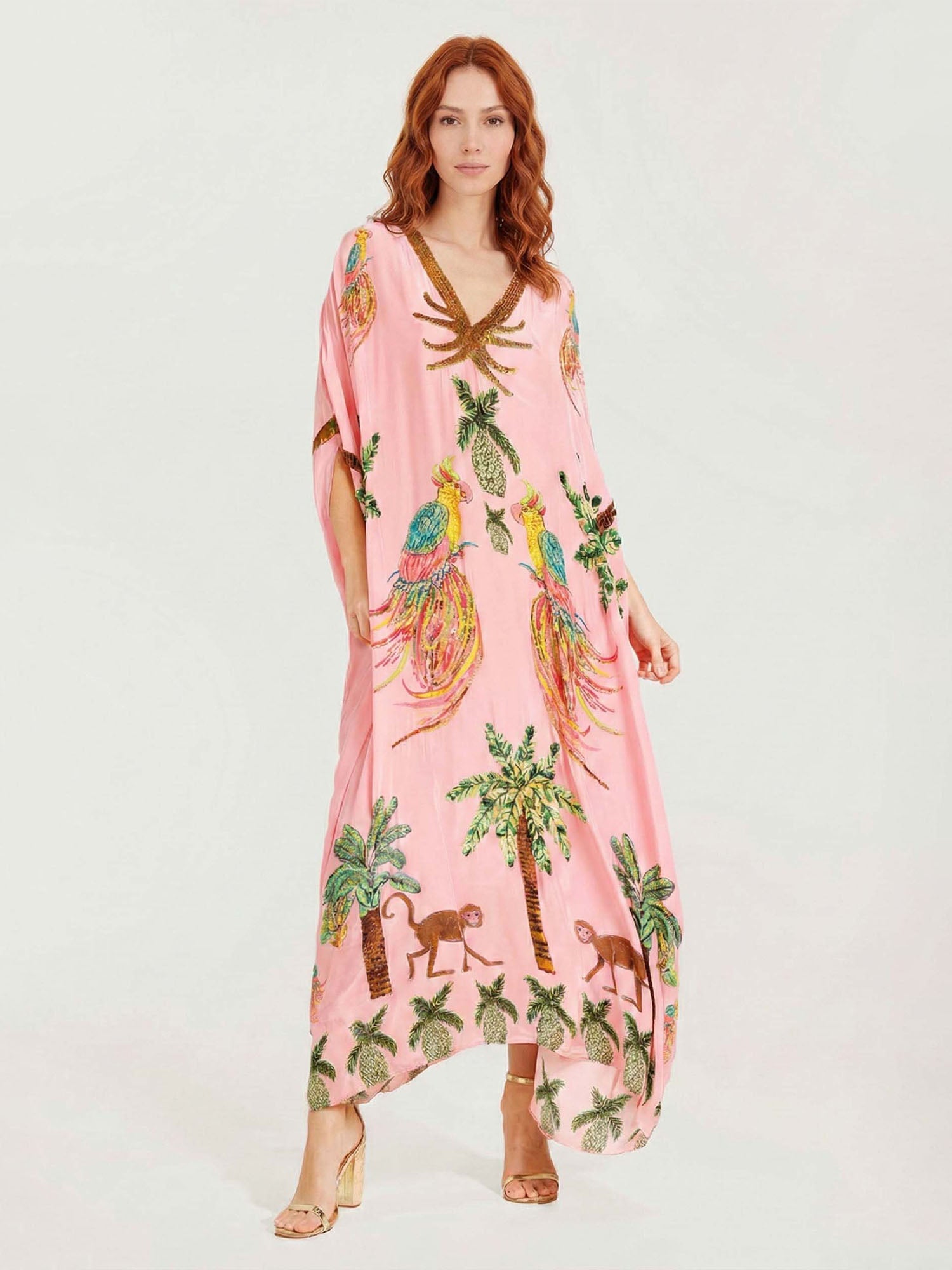 Maxi Dresses with Black/Pink Parrot Print