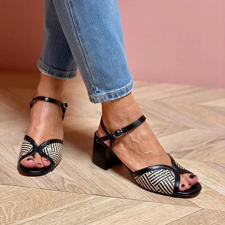 Woven fabric sandals with a block heel