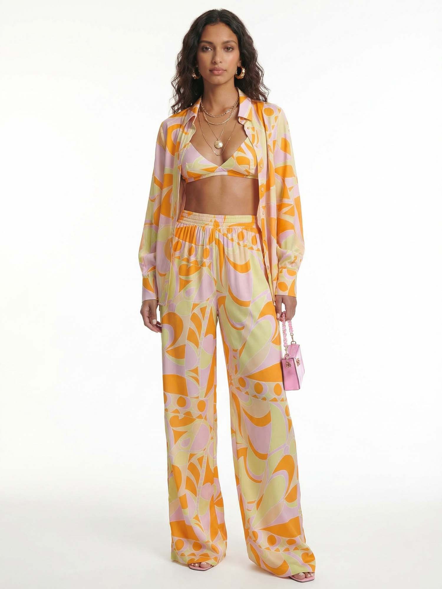 Wide-leg trousers with tropical beach graphic print