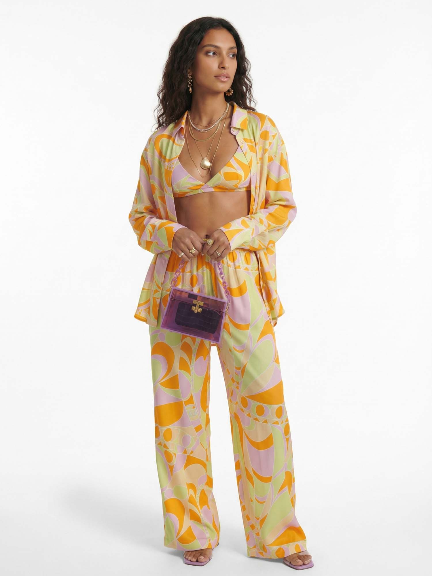 Wide-leg trousers with tropical beach graphic print