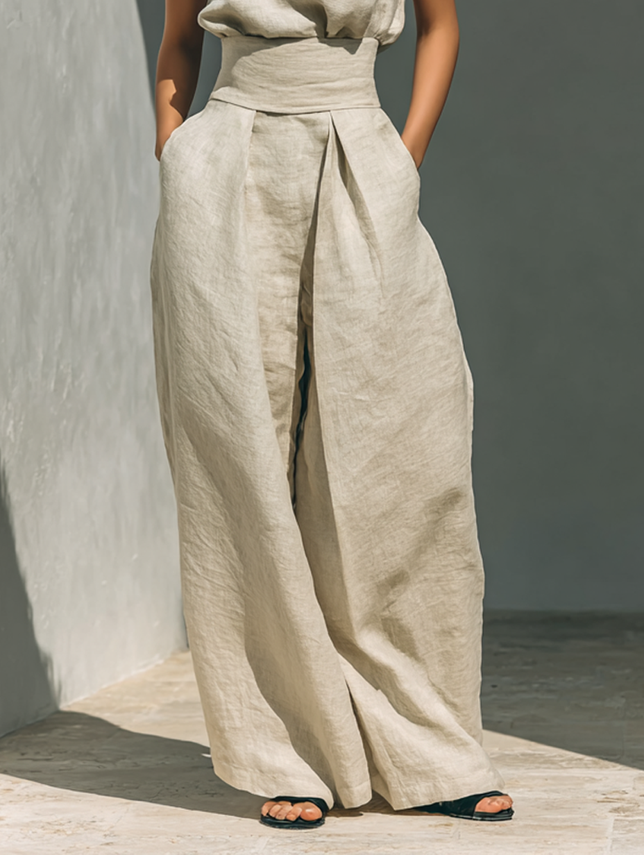 Sleeveless Blouse & Wide-Leg Pants Set Made of Cotton and Linen for Women MDZ0873A5Y