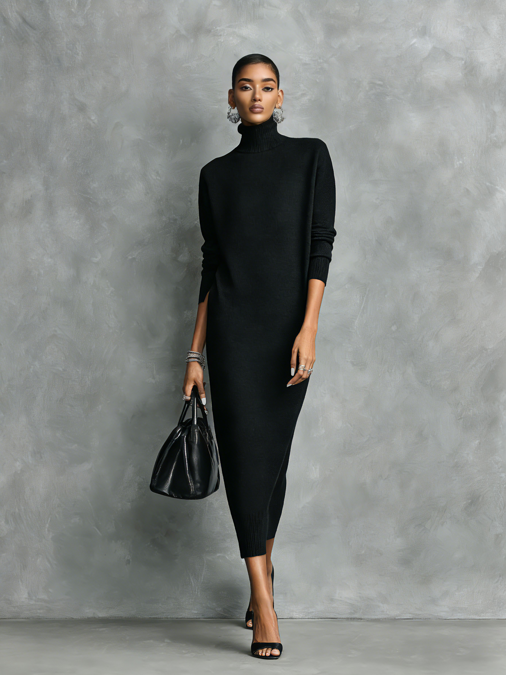 Elegant black midi dress with a high neck and long sleeves, soft fit, no pockets MDA1974L7AN