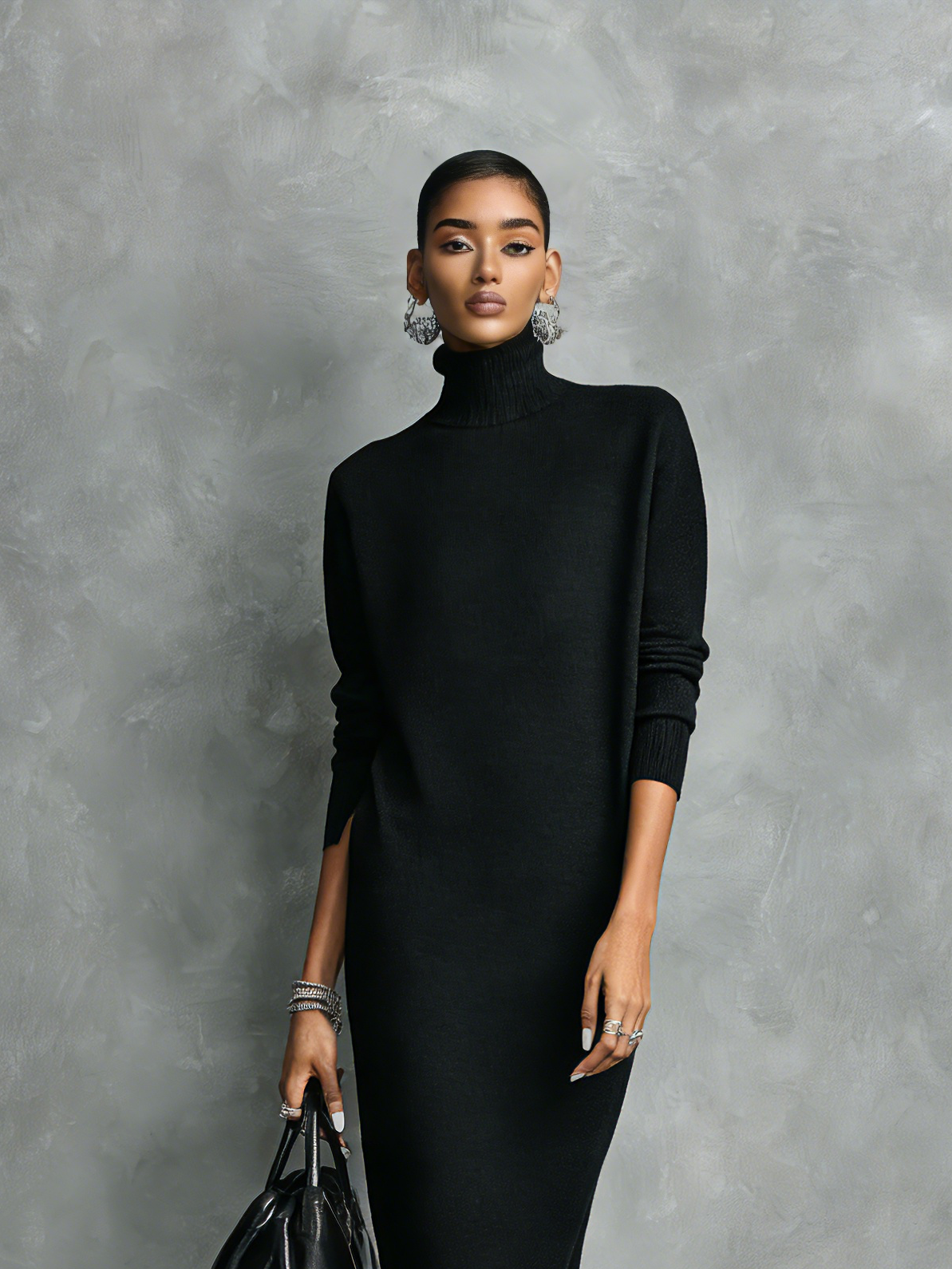 Elegant black midi dress with a high neck and long sleeves, soft fit, no pockets MDA1974L7AN