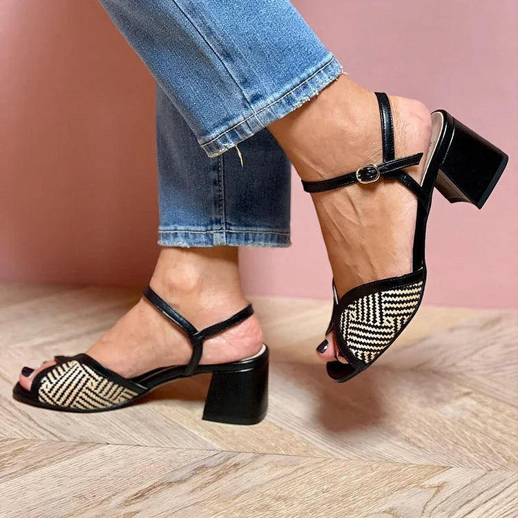 Woven fabric sandals with a block heel