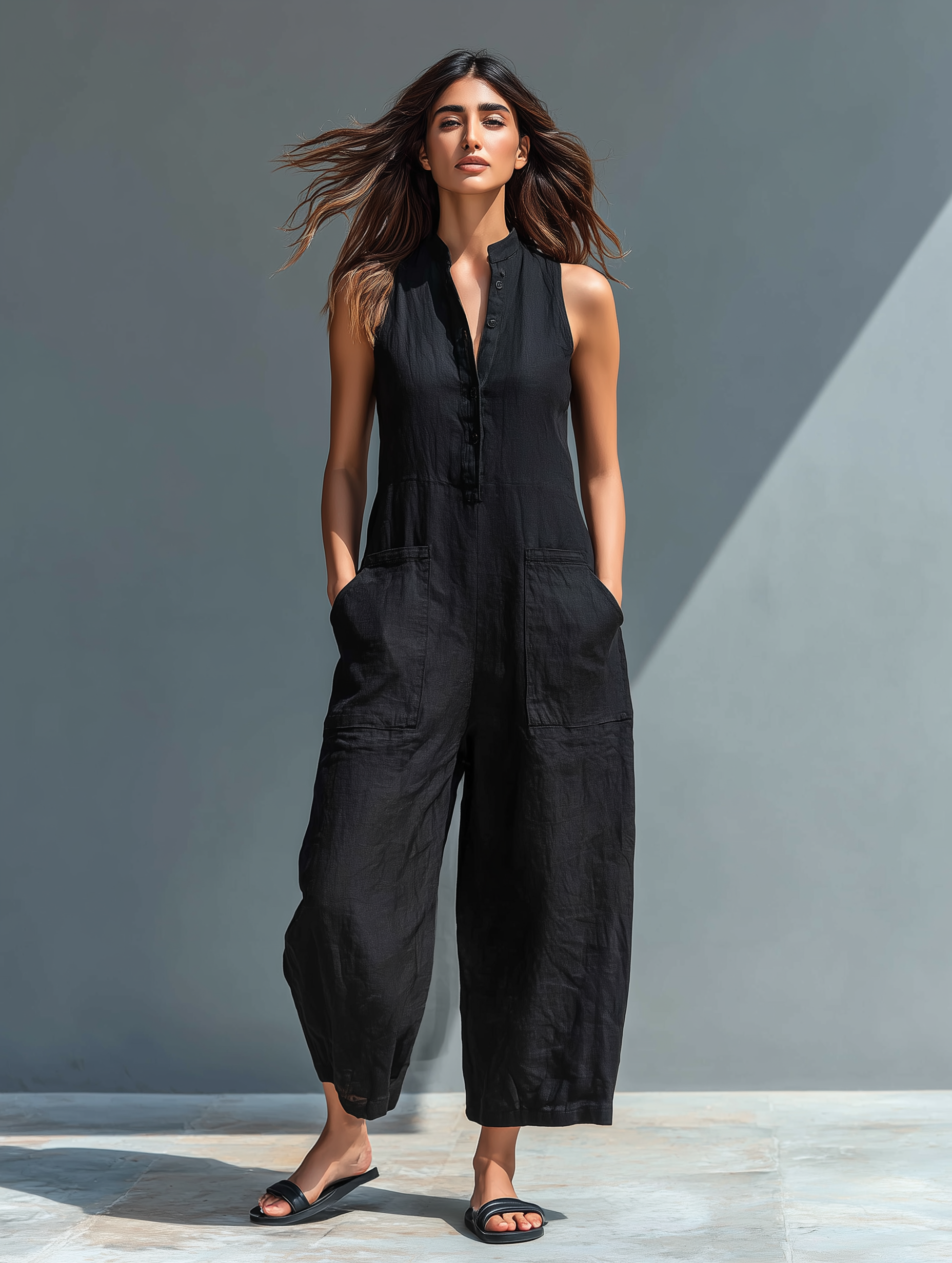 Women's minimalist linen jacket with buttons, stand-up collar, sleeveless, wide cut