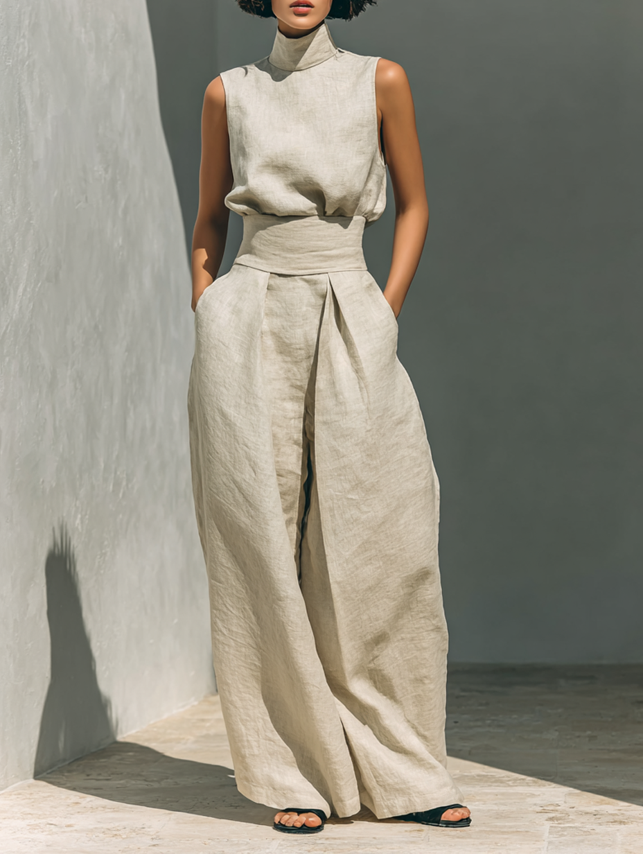 Sleeveless Blouse & Wide-Leg Pants Set Made of Cotton and Linen for Women MDZ0873A5Y