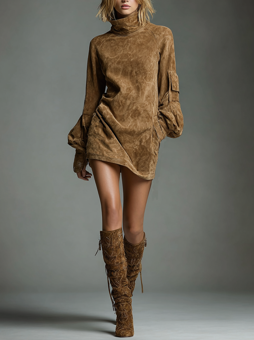 Women's Loose Knit Turtleneck Mini Dress
