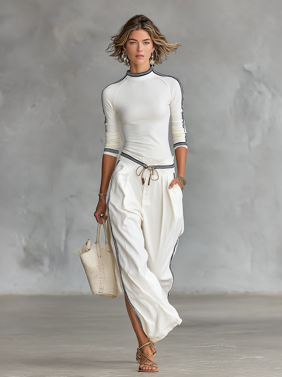 Long-sleeved mock neck top and wide-leg drawstring pants - Two-piece set