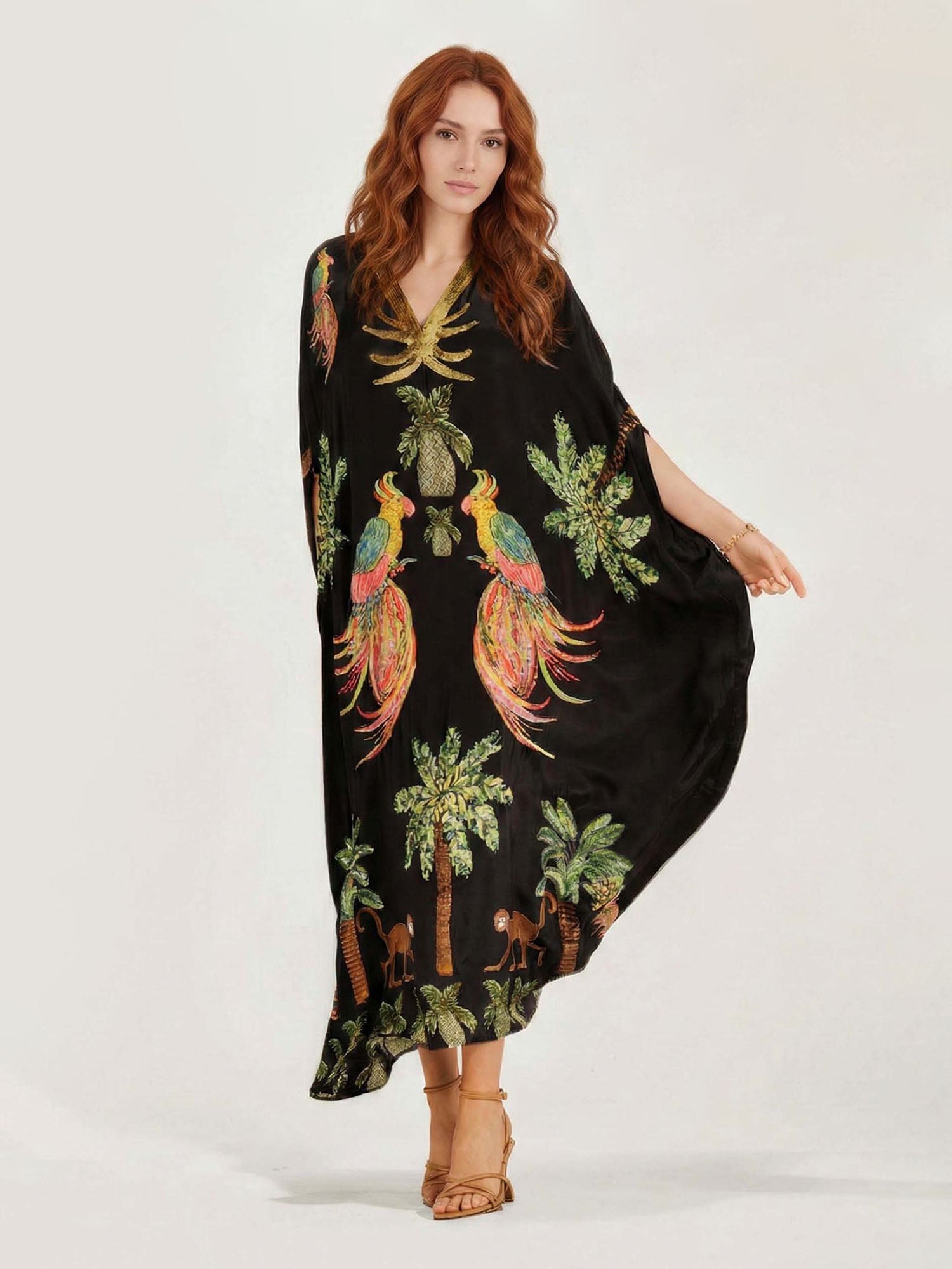 Maxi Dresses with Black/Pink Parrot Print