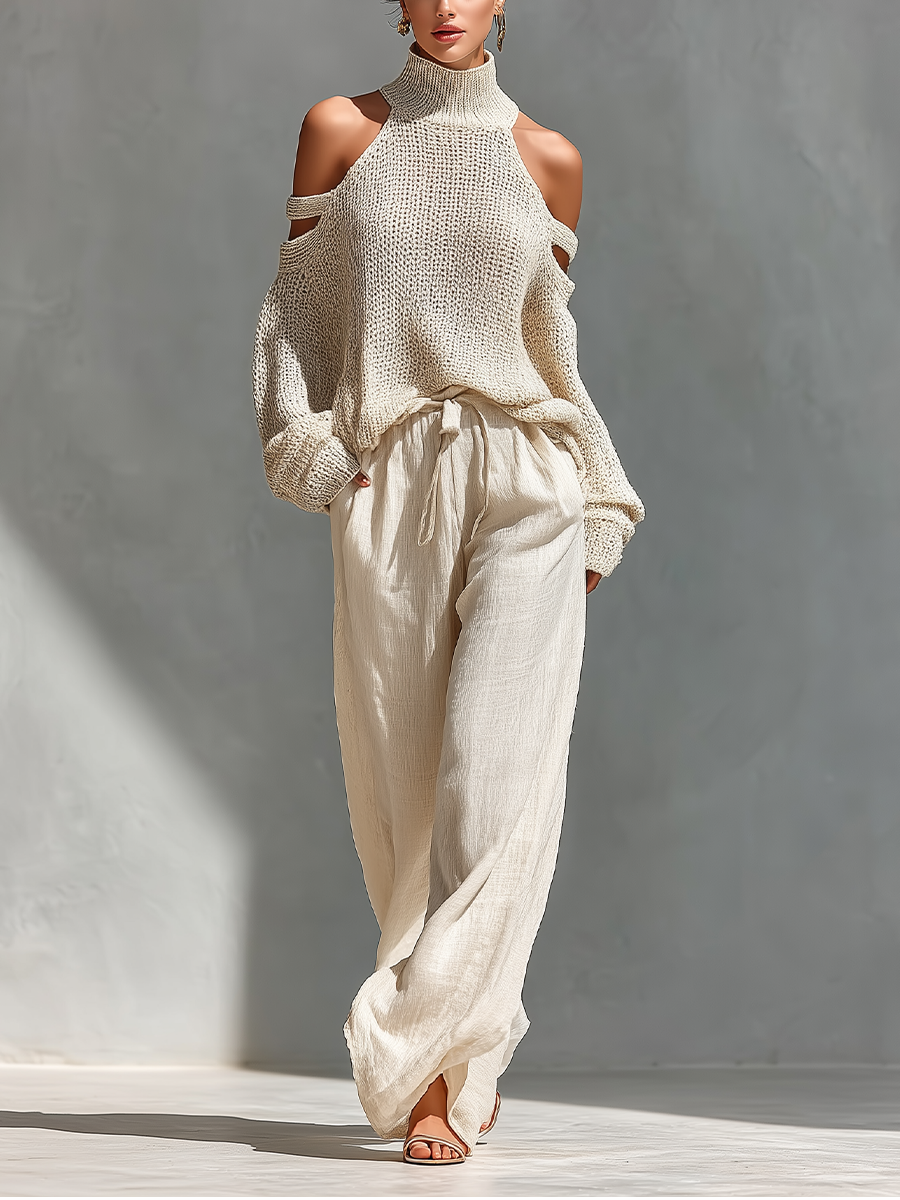 Beige cotton high-neck cold-shoulder top and wide-leg trousers set