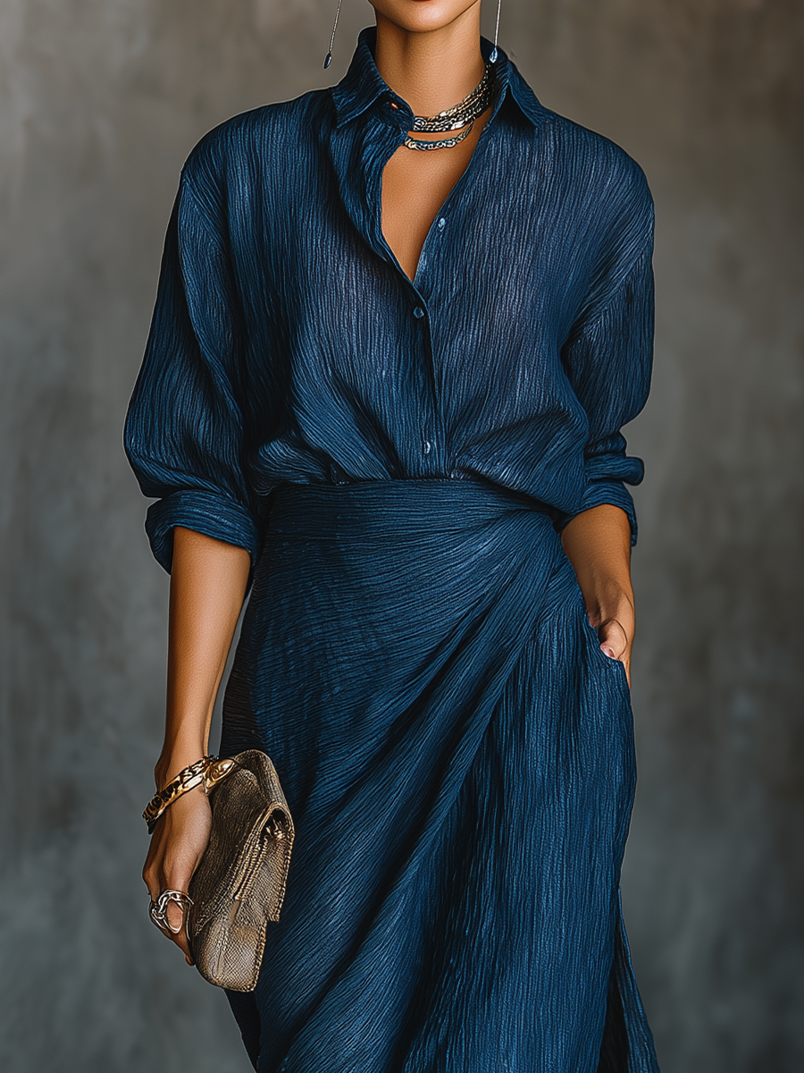 Dark blue long skirt and elegant top set in cotton and linen