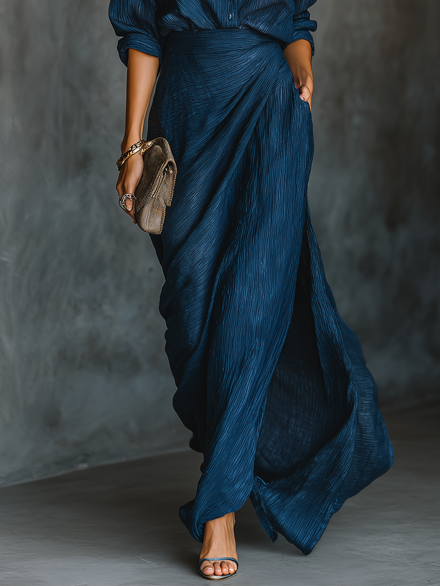 Dark blue long skirt and elegant top set in cotton and linen