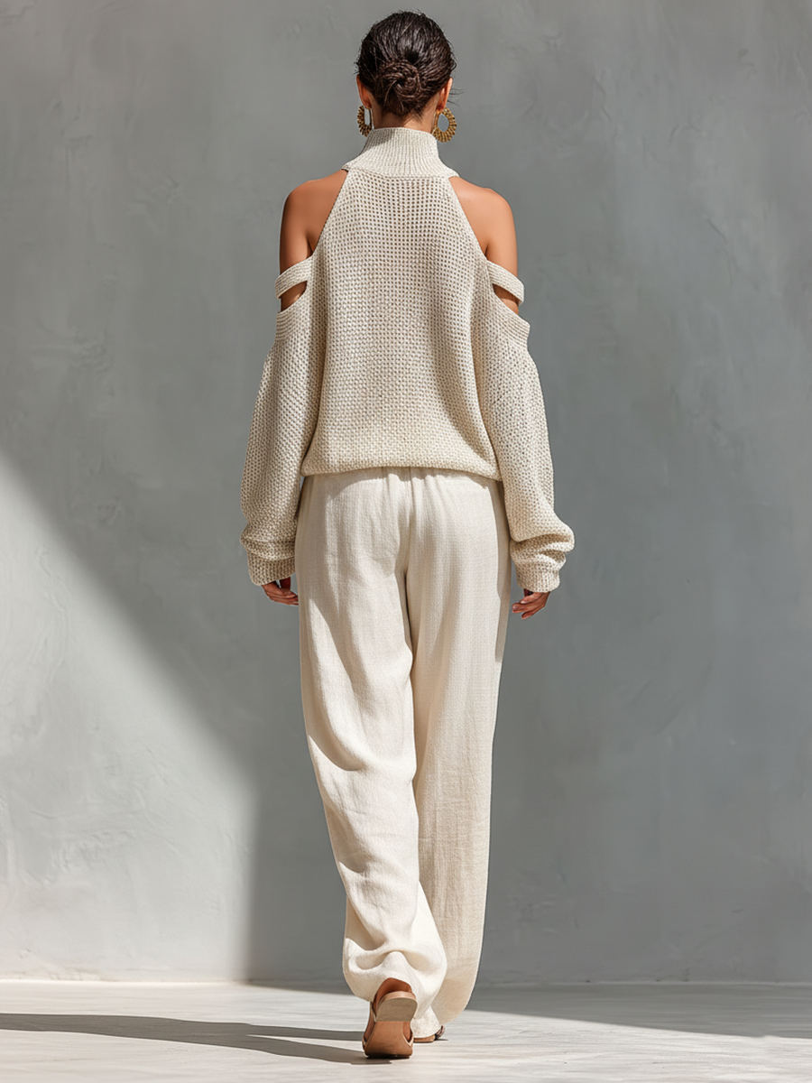 Beige cotton high-neck cold-shoulder top and wide-leg trousers set