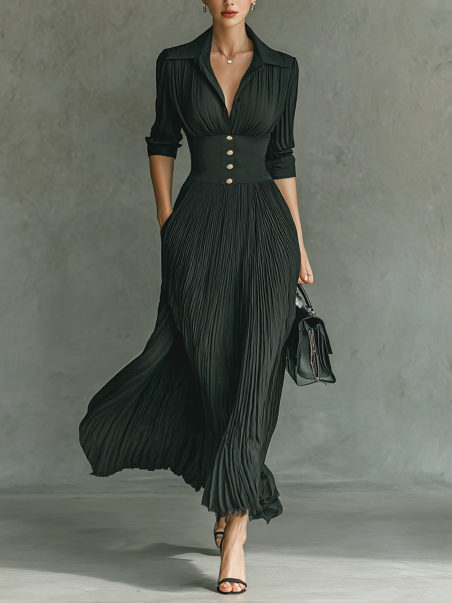 Women's maxi dresses with solid color, pleats, collar, long sleeve