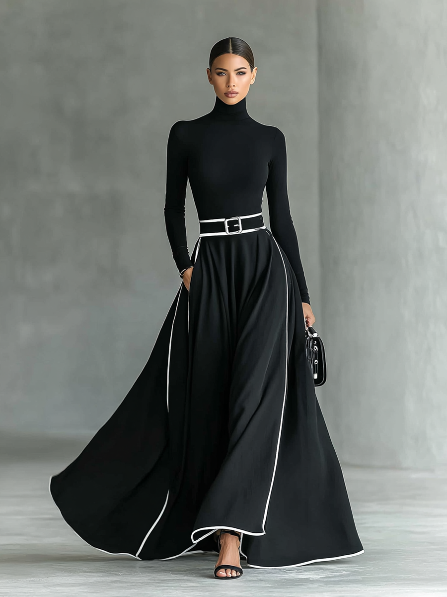 Black maxi dress with white stitching, a high collar, long sleeves, and a narrow waist