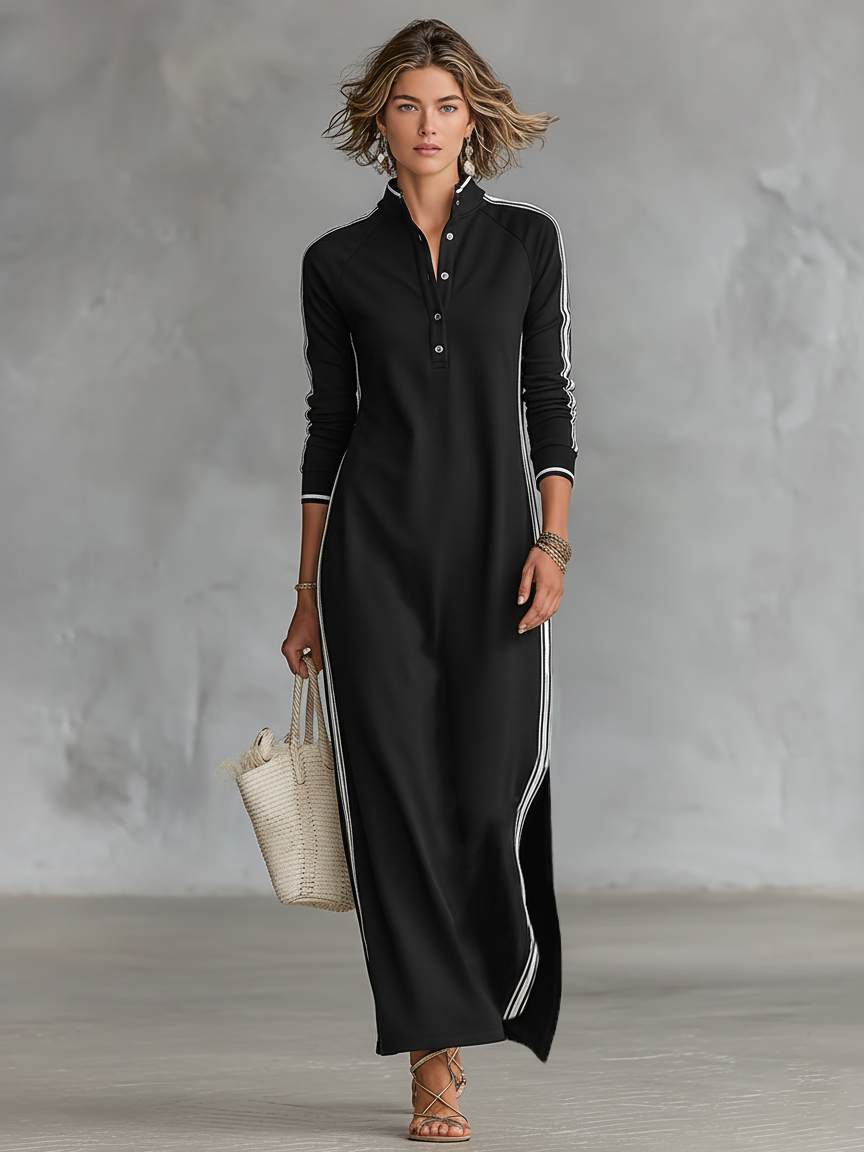 Women's maxi dresses with a minimalistic button-down collar and white trim