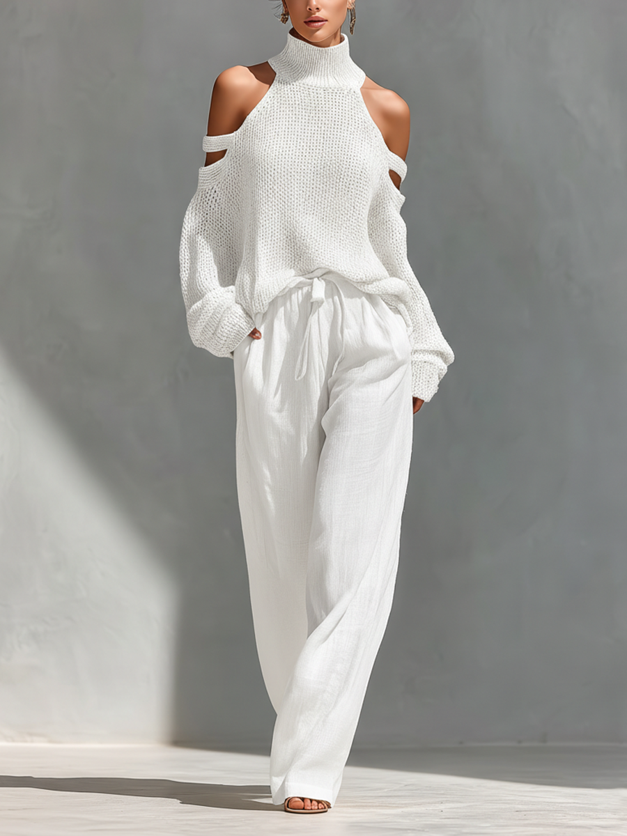 Beige cotton high-neck cold-shoulder top and wide-leg trousers set