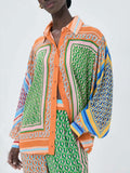 Oversized printed button-down shirt with colorful details
