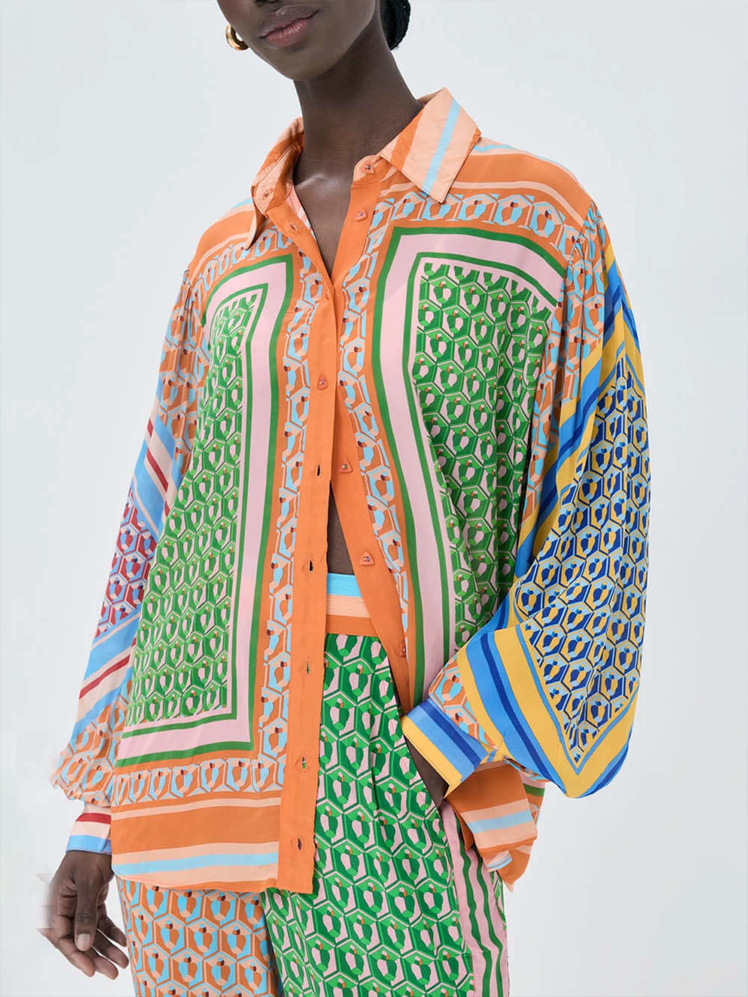 Oversized printed button-down shirt with colorful details