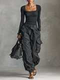 Two-piece set with a long-sleeved, square-neck T-shirt and multi-pocket cargo pants