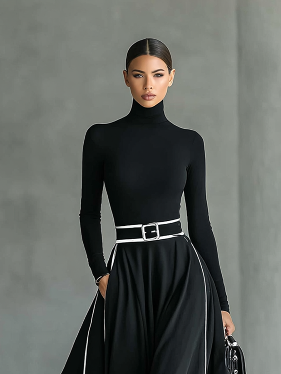 Black maxi dress with white stitching, a high collar, long sleeves, and a narrow waist