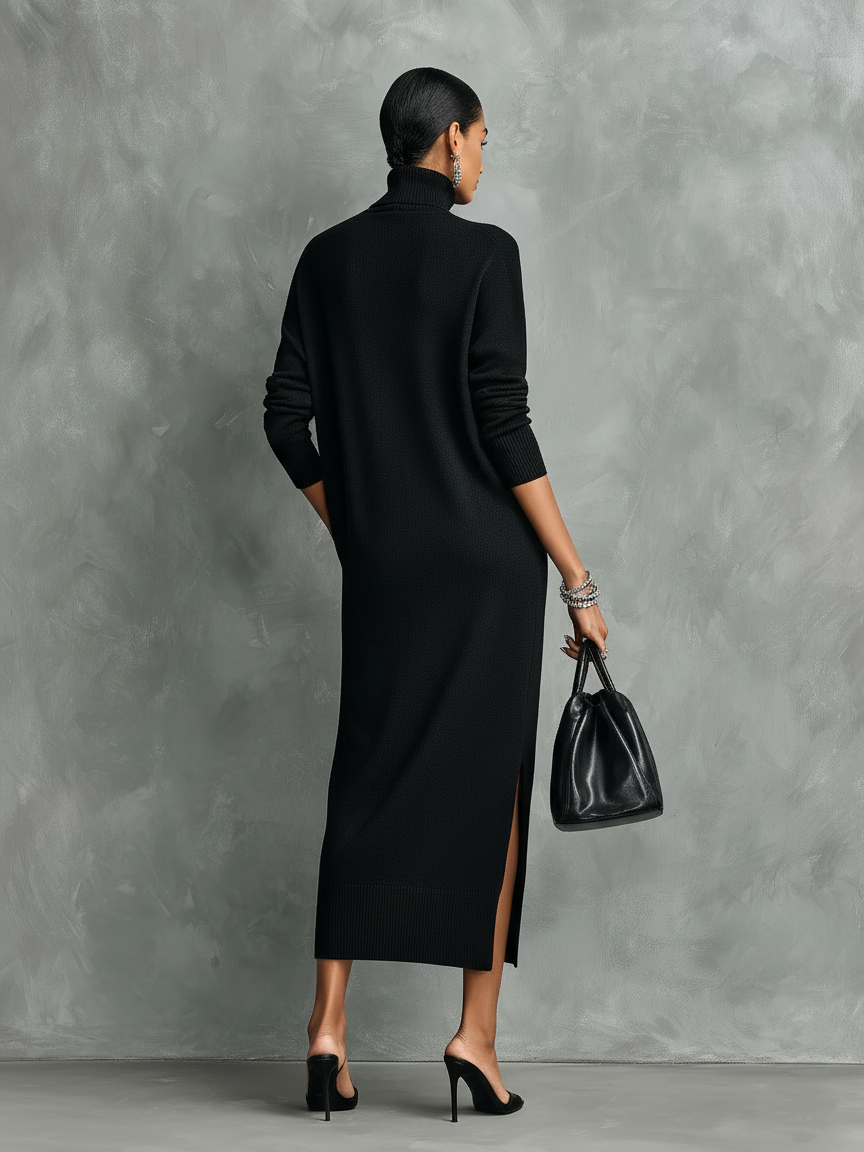 Elegant black midi dress with a high neck and long sleeves, soft fit, no pockets MDA1974L7AN